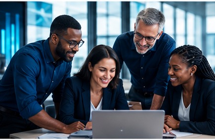 Business professionals collaborating around a laptop